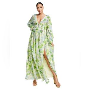 Asos Design Green Floral Print Long Sleeve V-Neck Maxi Dress Size 6 Tall